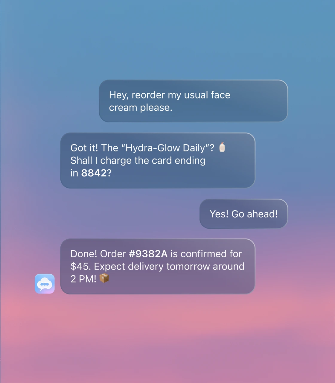 WhatsApp chat where Popcorn reorders a customer's face cream, charges their saved card, and confirms the order and delivery
