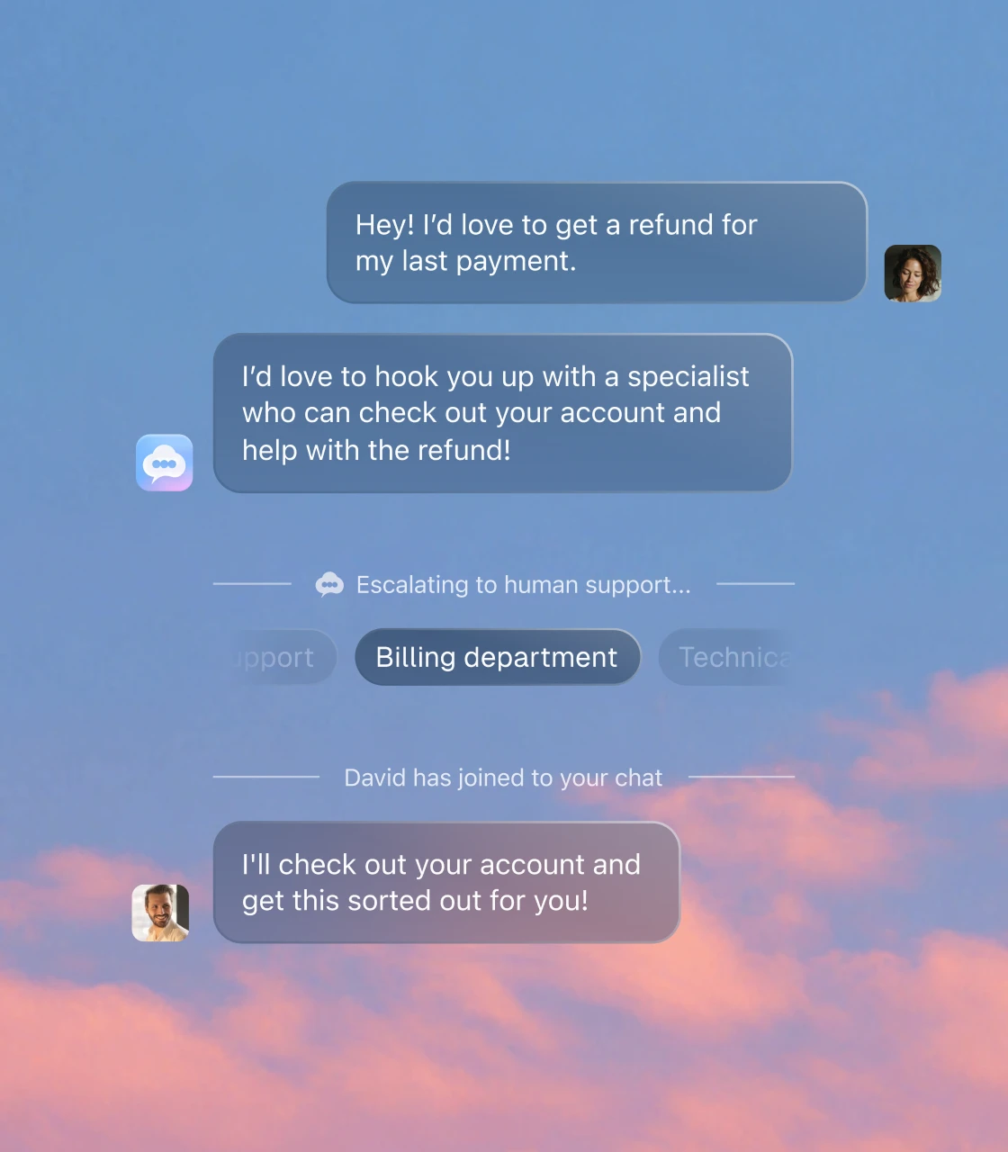 WhatsApp chat where Popcorn escalates a refund to the billing team and hands the conversation to a human agent