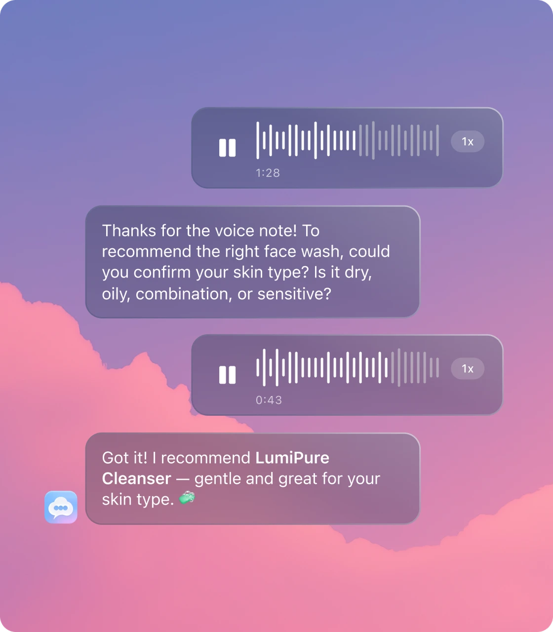 WhatsApp chat where Popcorn understands a customer's voice notes and recommends a face wash for their skin type