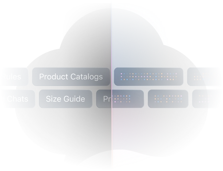 Business knowledge cards such as product catalogs, size guide, rules, and chats being trained into Popcorn's AI